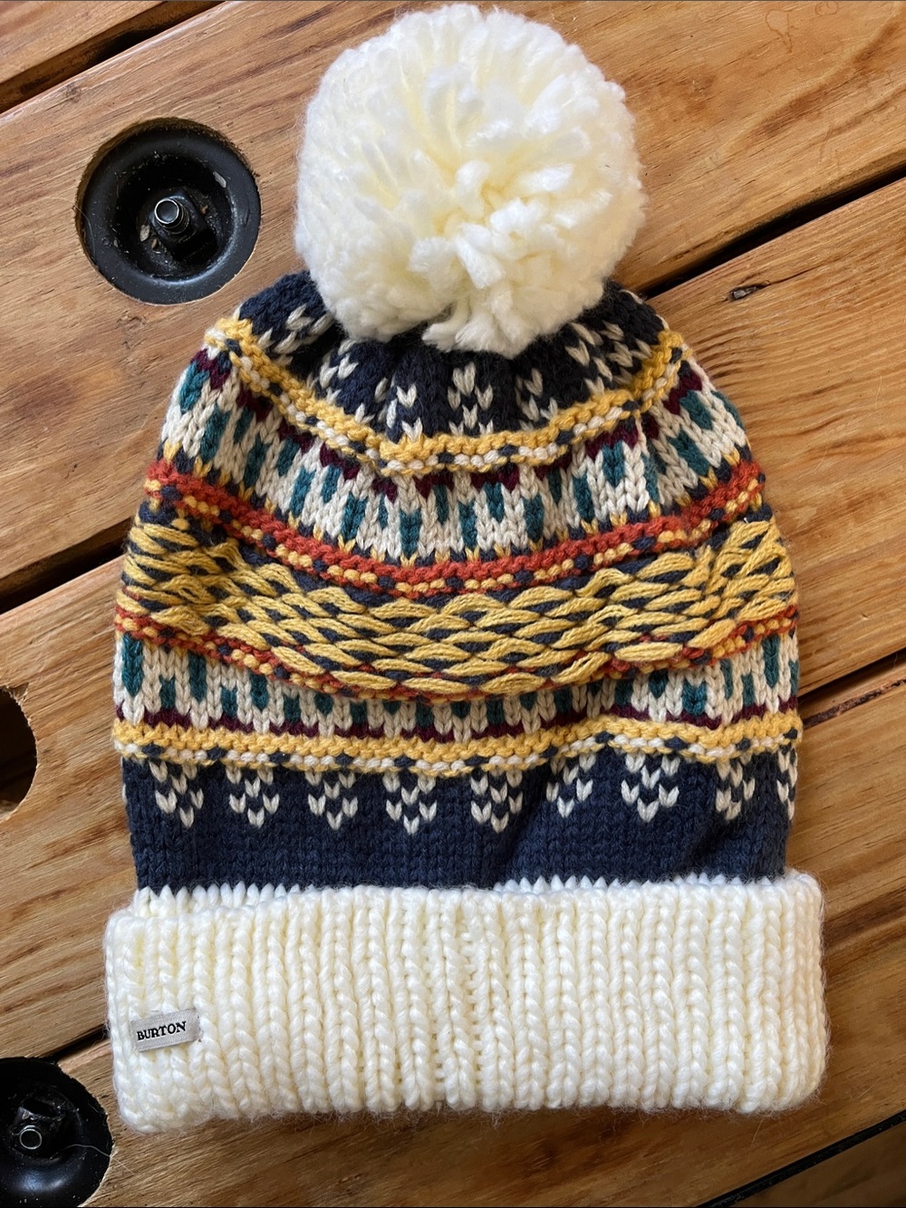 Burton Navy Fair Isle Knit Beanie with Cream Pom